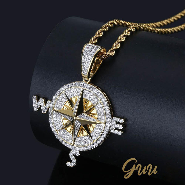 Iced Two-tone 45mm Gold-Plated  CZ  Compass  Pendant $ Cuban Link Chain Main Image