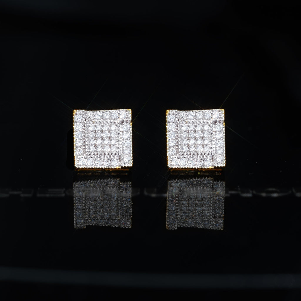 Iced Gold-Plated CZ  Two-tone Square Ring Ladder Hip Hop Stud Earring