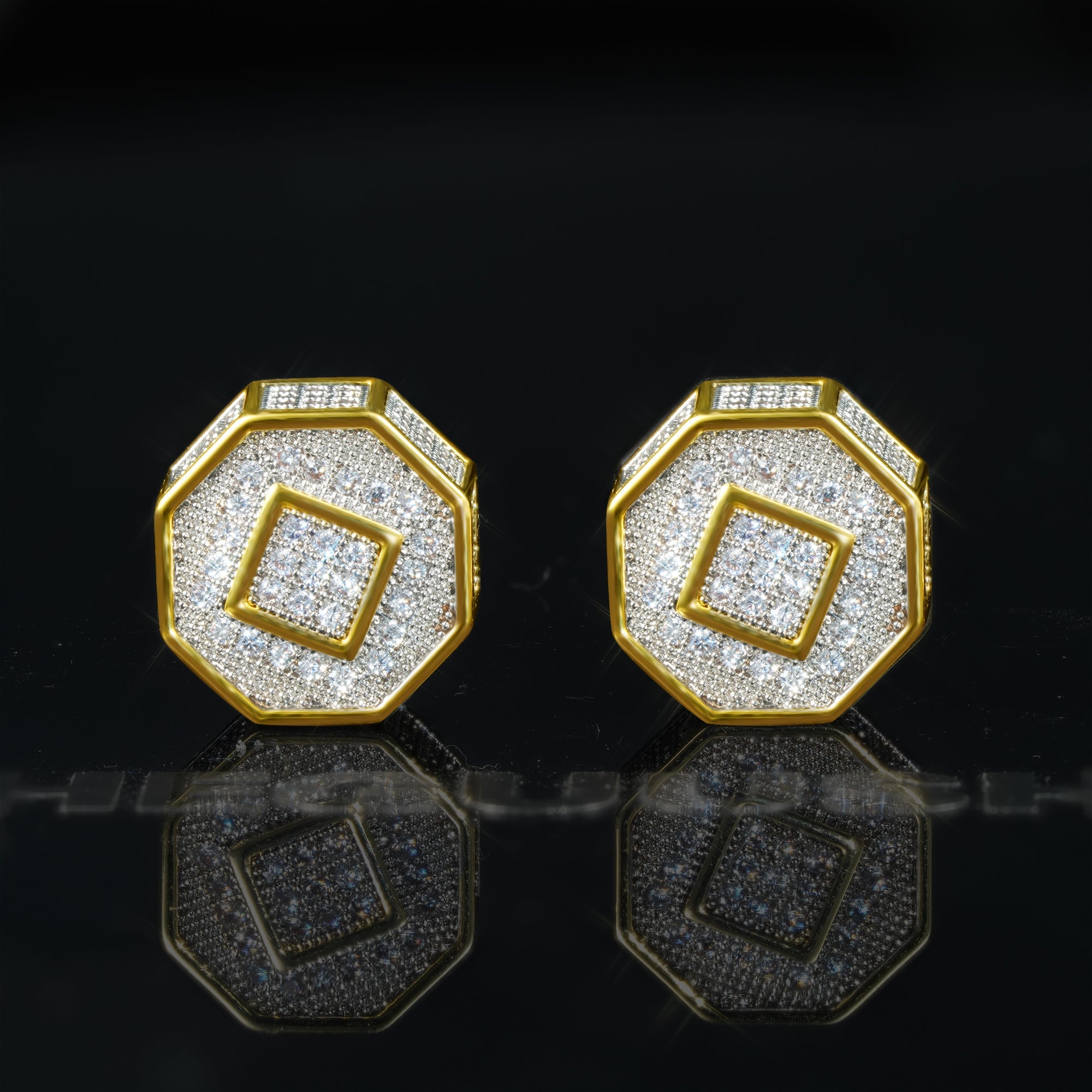 Two-tone Iced  Yellow Gold-Plated  CZ Earrings (12mm)