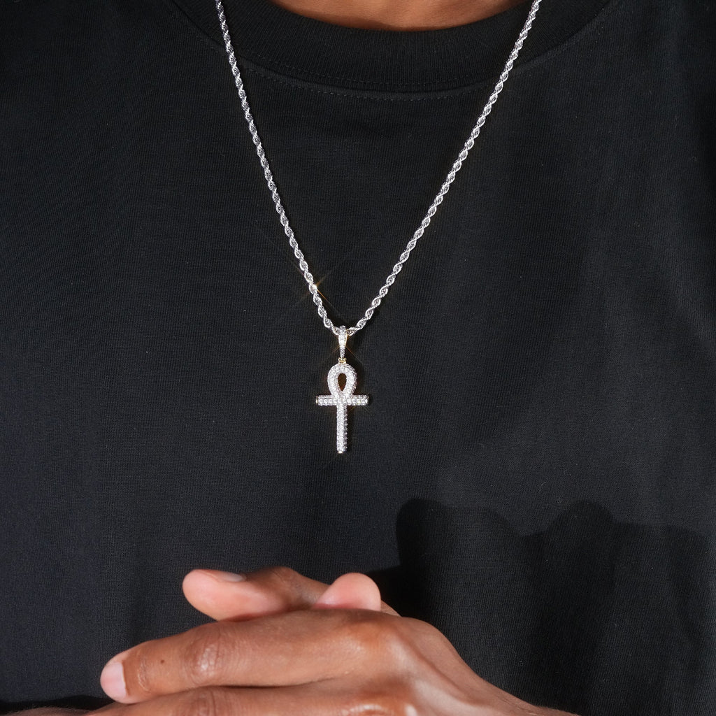 Iced 18K Yellow Gold-Plated  Iced  AAA CZ 18mm  Ankh Gold-Plated And Silver Pendant & Cuban Link Chain
