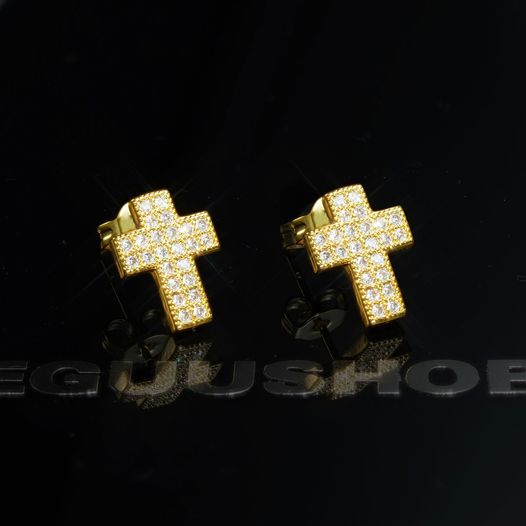 Gold-Plated CZ Cross Hip Hop Stud Earring