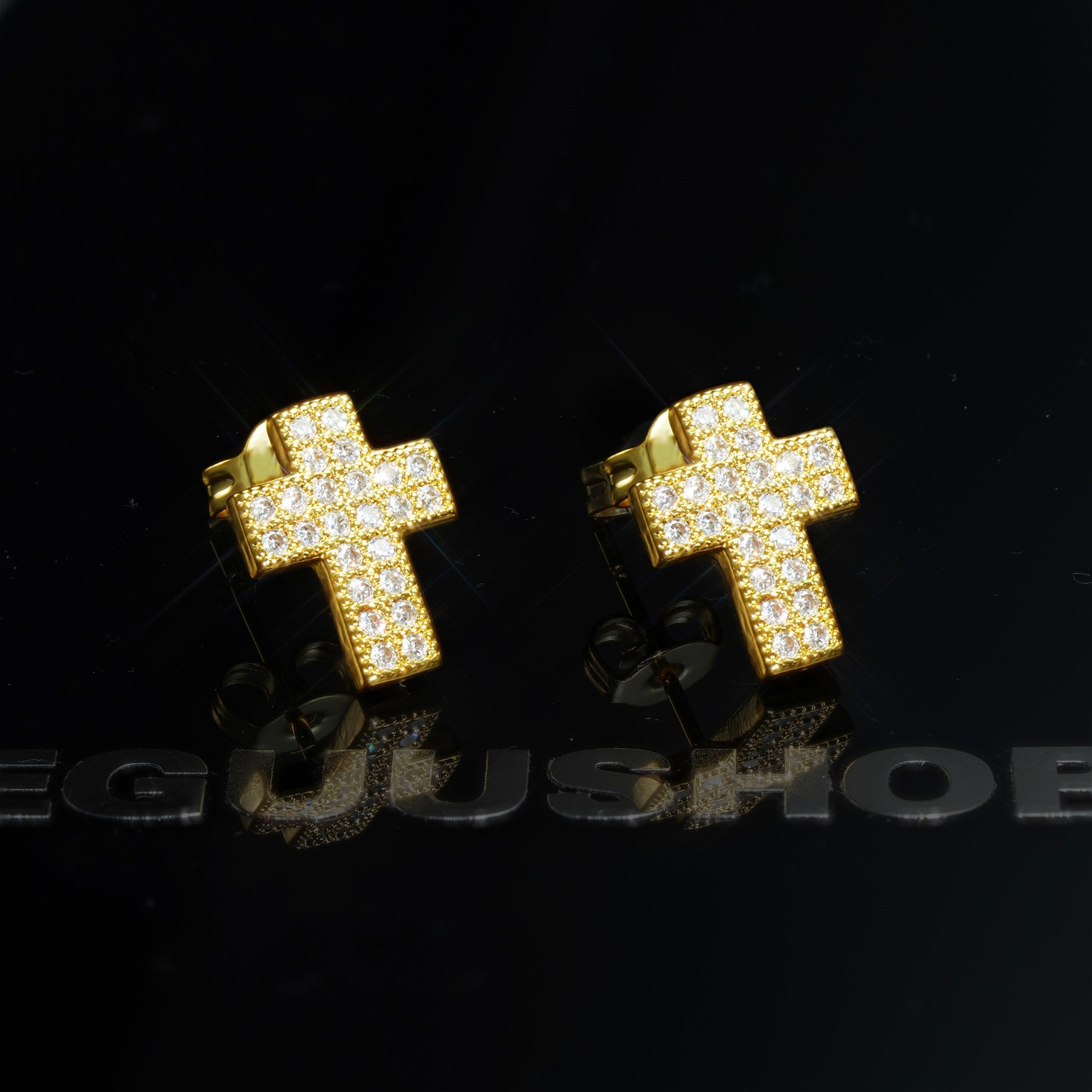 Gold-Plated CZ Cross Hip Hop Stud Earring