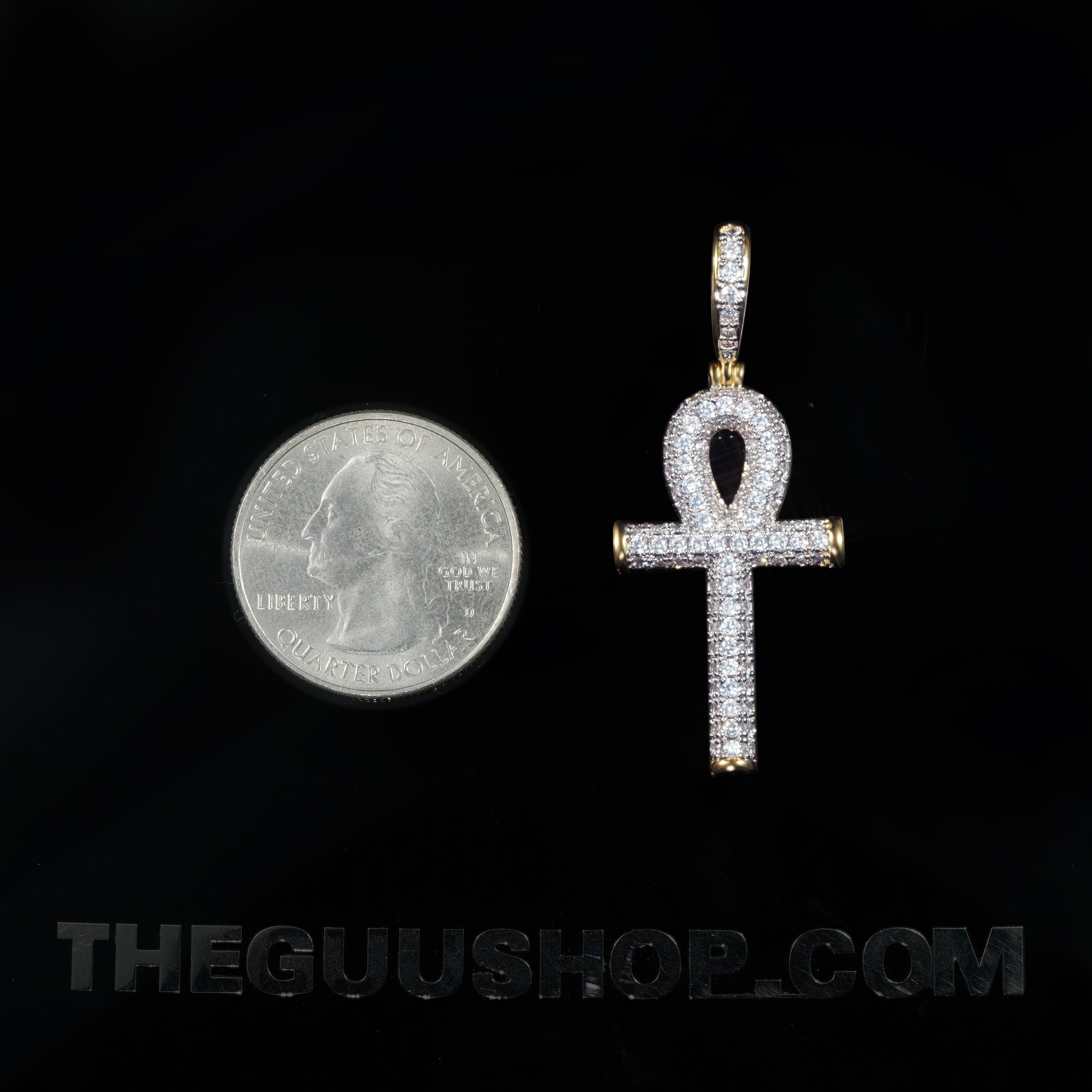 Iced 18K Yellow Gold-Plated  Iced  AAA CZ 18mm  Ankh Gold-Plated And Silver Pendant & Cuban Link Chain