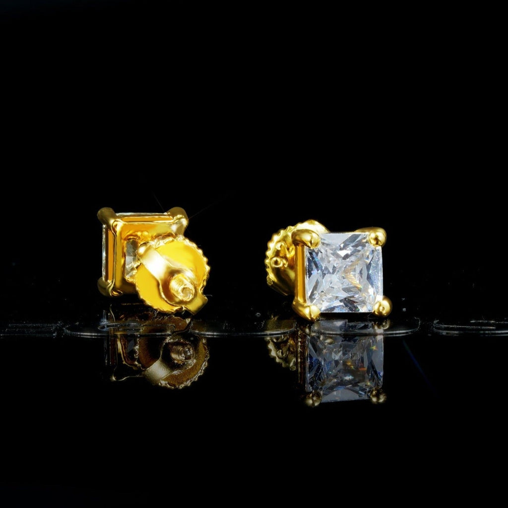 4mm  Square  18K Yellow Gold-Plated  AAA CZ Iced  Stud Earring