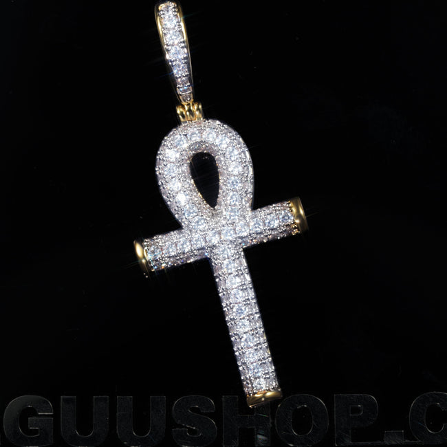 Iced 18K Yellow Gold-Plated  Iced  AAA CZ 18mm  Ankh Gold-Plated And Silver Pendant & Cuban Link Chain Hover Image