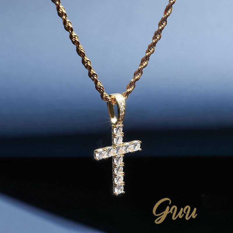 925 Sterling Silver Micro-inlay AAA CZ Cross Hip Hop Necklace