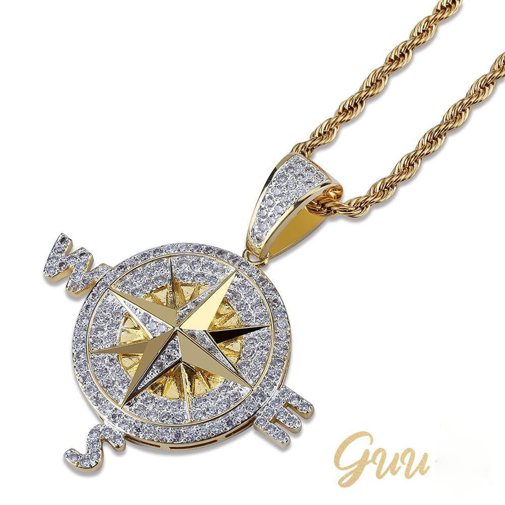 Iced Two-tone 45mm Gold-Plated  CZ  Compass  Pendant $ Cuban Link Chain