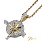 Iced Two-tone 45mm Gold-Plated  CZ  Compass  Pendant $ Cuban Link Chain