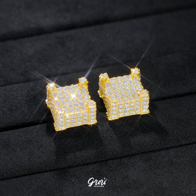 925s VVS Moissanite Iced 3D Cube Earrings In 18K Gold Hover Image