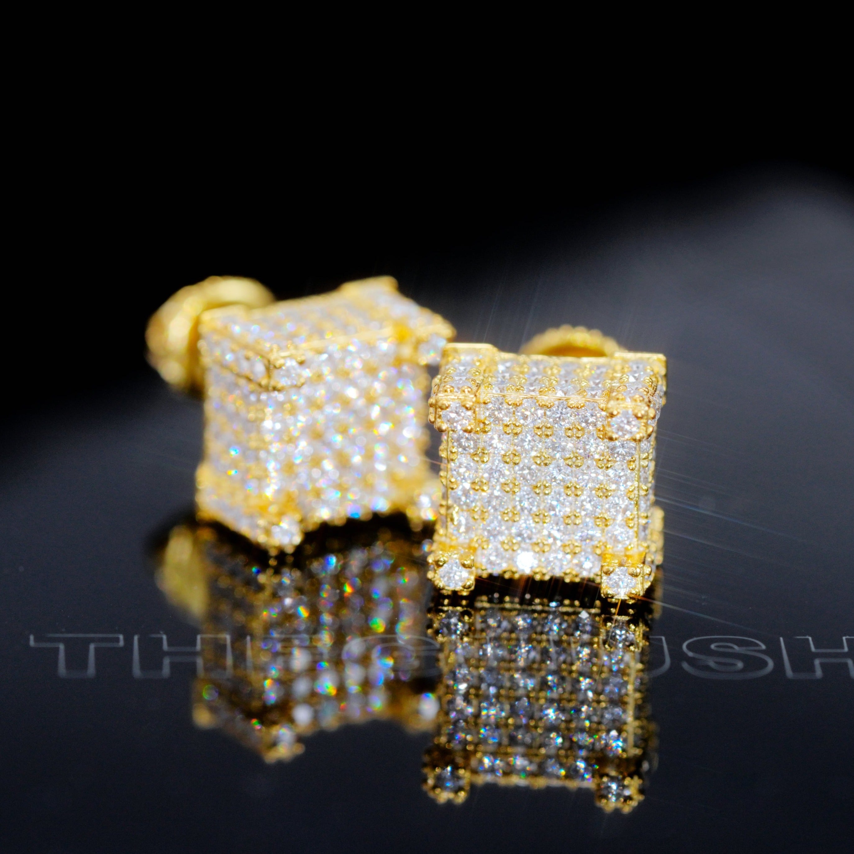 925s VVS Moissanite Iced 3D Cube Earrings In 18K Gold