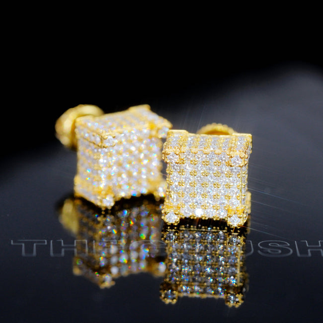 925s VVS Moissanite Iced 3D Cube Earrings In 18K Gold Main Image