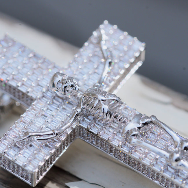 3D Skull Cross Baguette Solid Iced Necklace Main Image