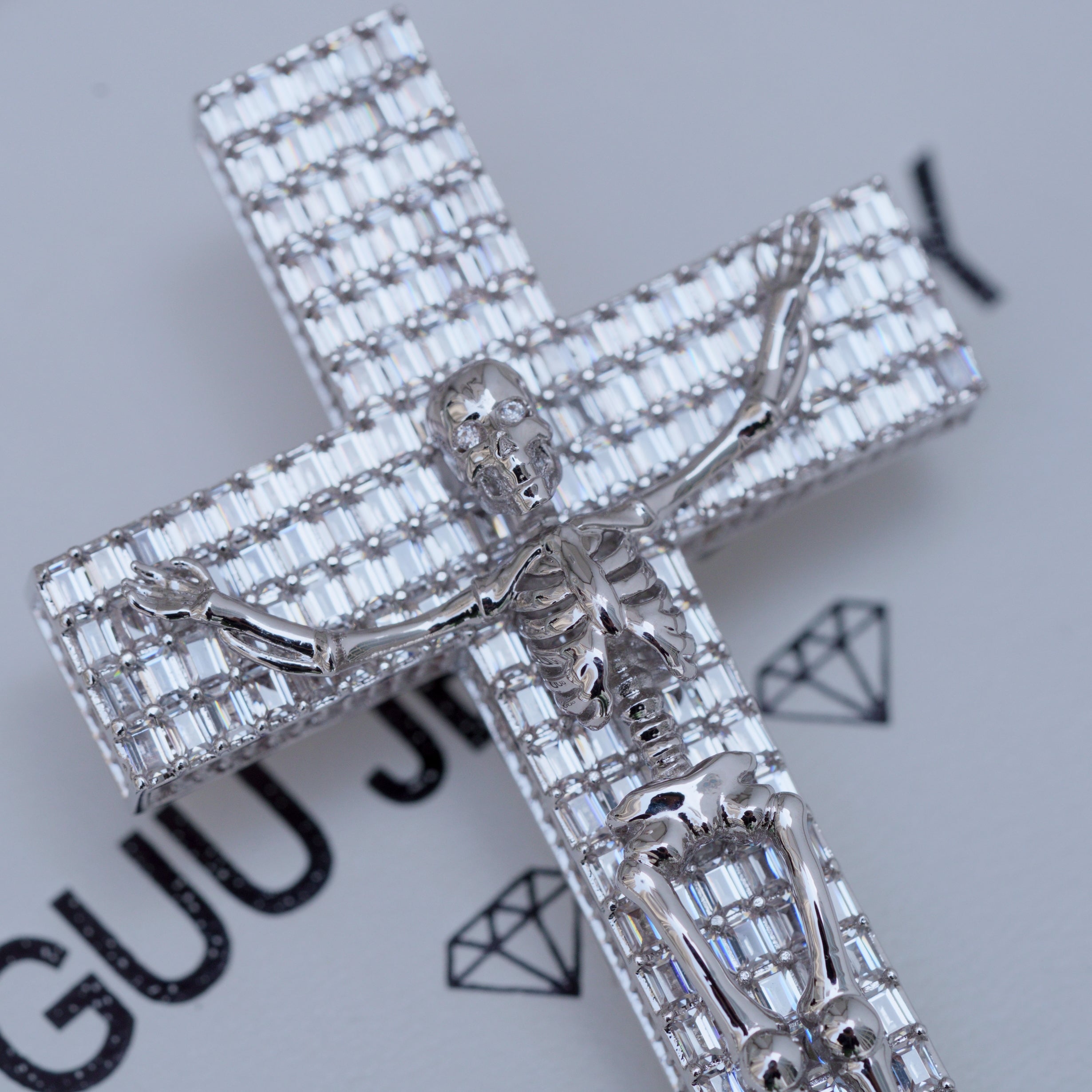3D Skull Cross Baguette Solid Iced Necklace