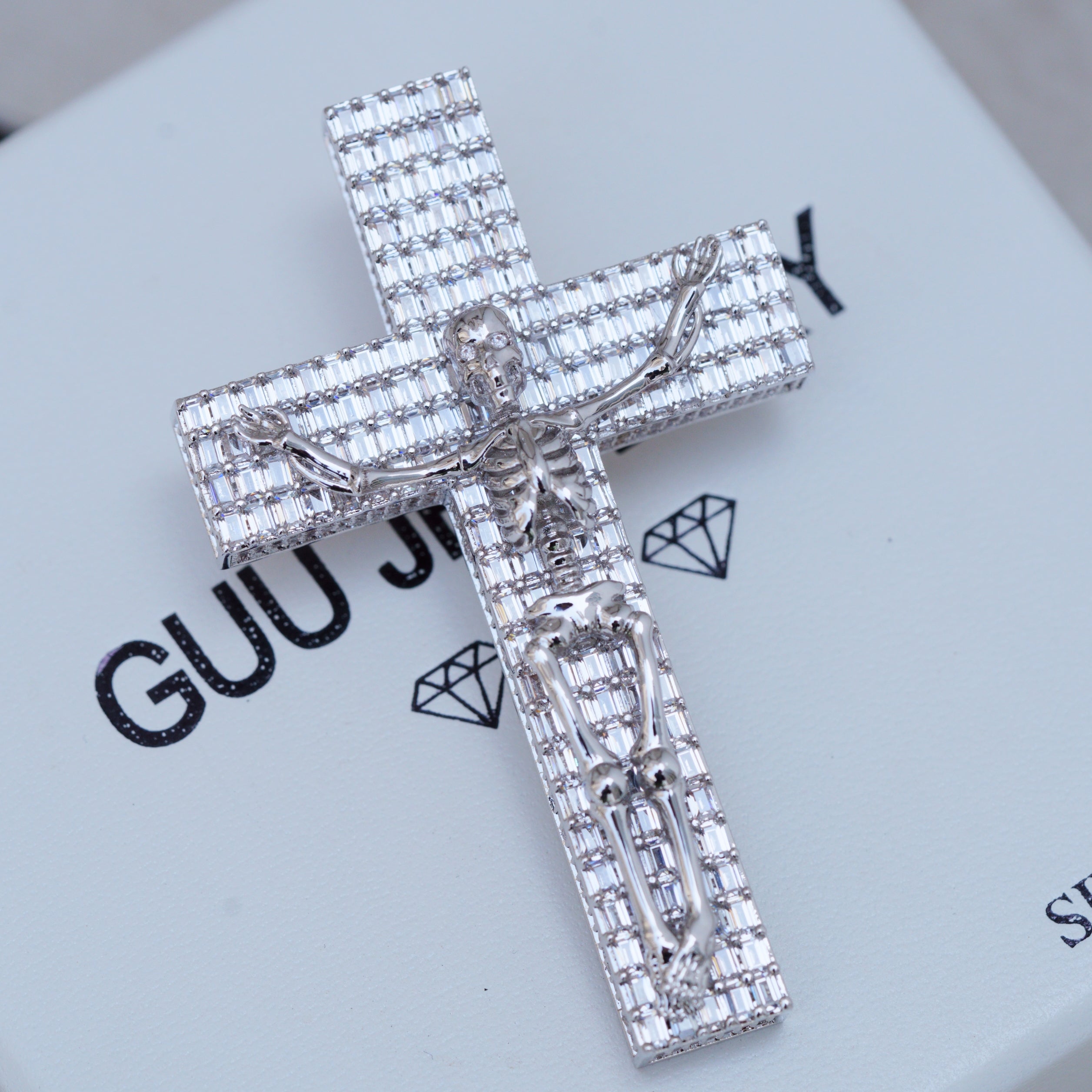 3D Skull Cross Baguette Solid Iced Necklace