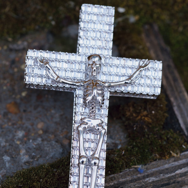 3D Skull Cross Baguette Solid Iced Necklace Hover Image