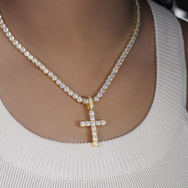 Bundle 18K Gold Iced Cross + 3mm Iced Tennis Chain Hover Image