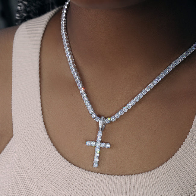 Bundle White Gold Iced Cross + 3mm Iced Tennis Chain Hover Image