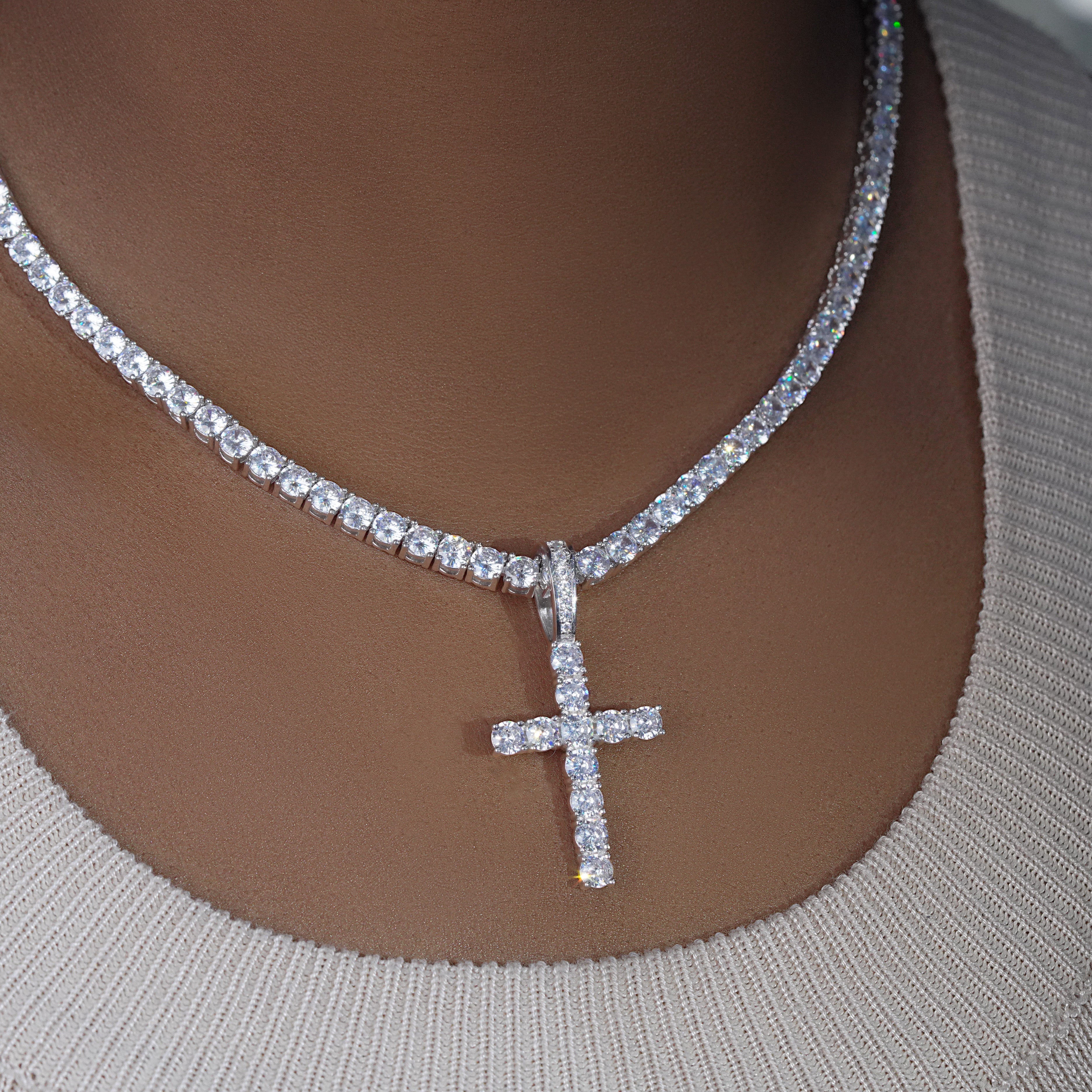 Bundle White Gold Iced Cross + 3mm Iced Tennis Chain
