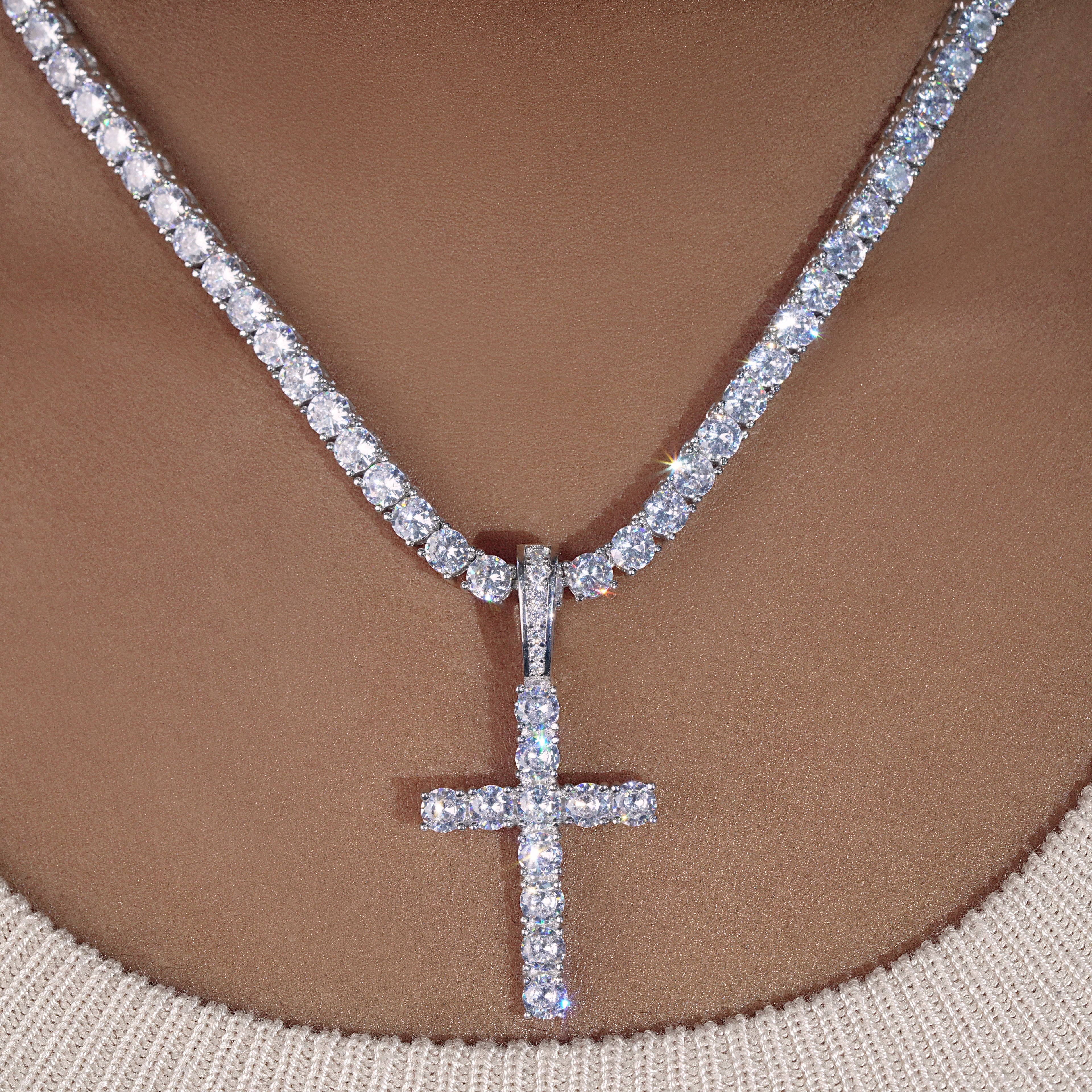 Bundle White Gold Iced Cross + 3mm Iced Tennis Chain