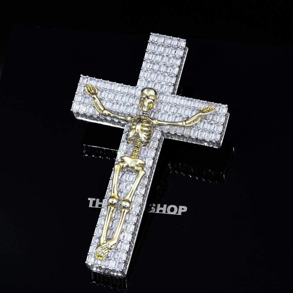 3D Skull Cross Baguette Solid Iced Necklace
