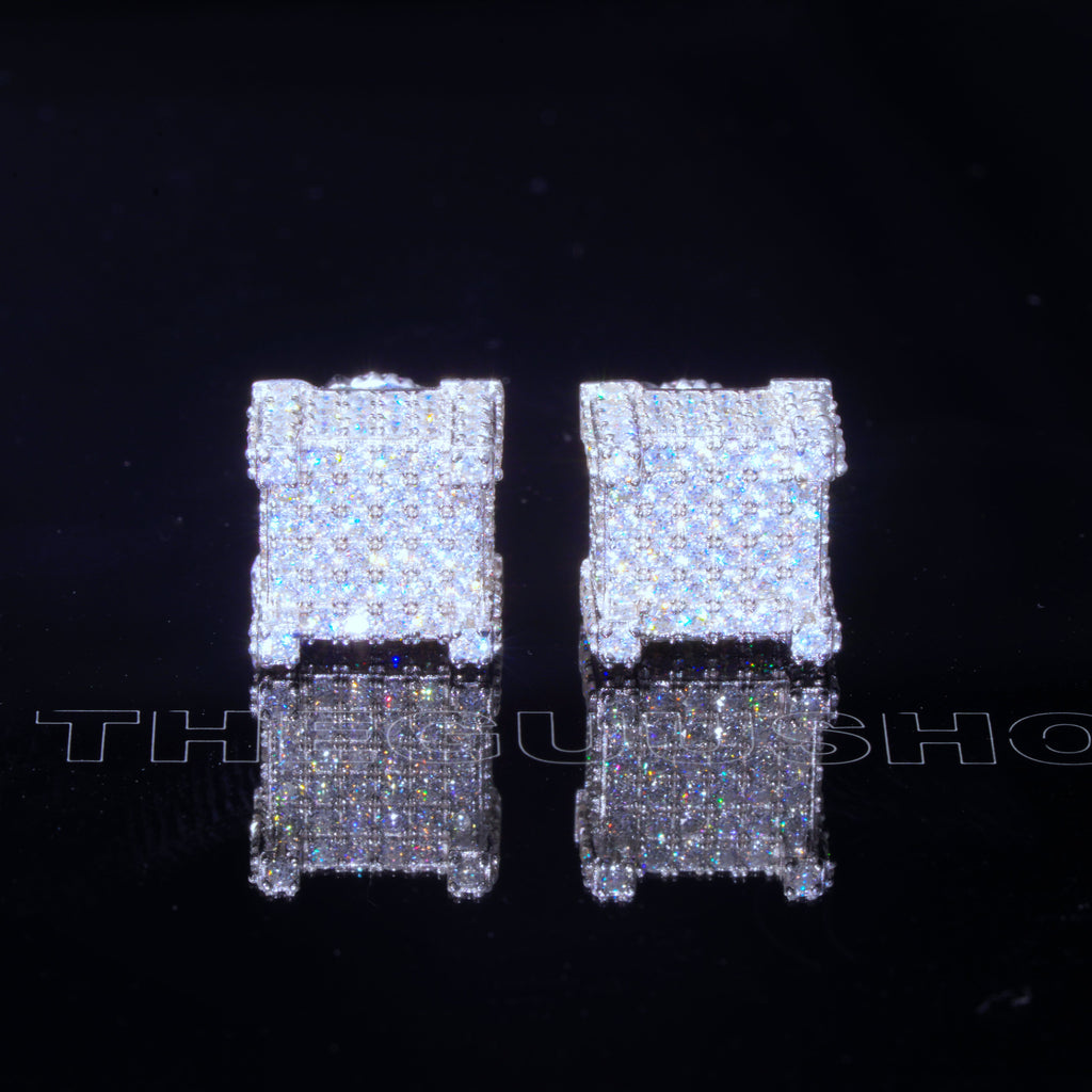 925s VVS Moissanite Iced 3D Cube Earrings In White Gold