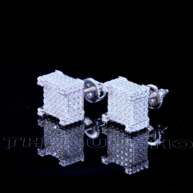 925s VVS Moissanite Iced 3D Cube Earrings In White Gold Main Image