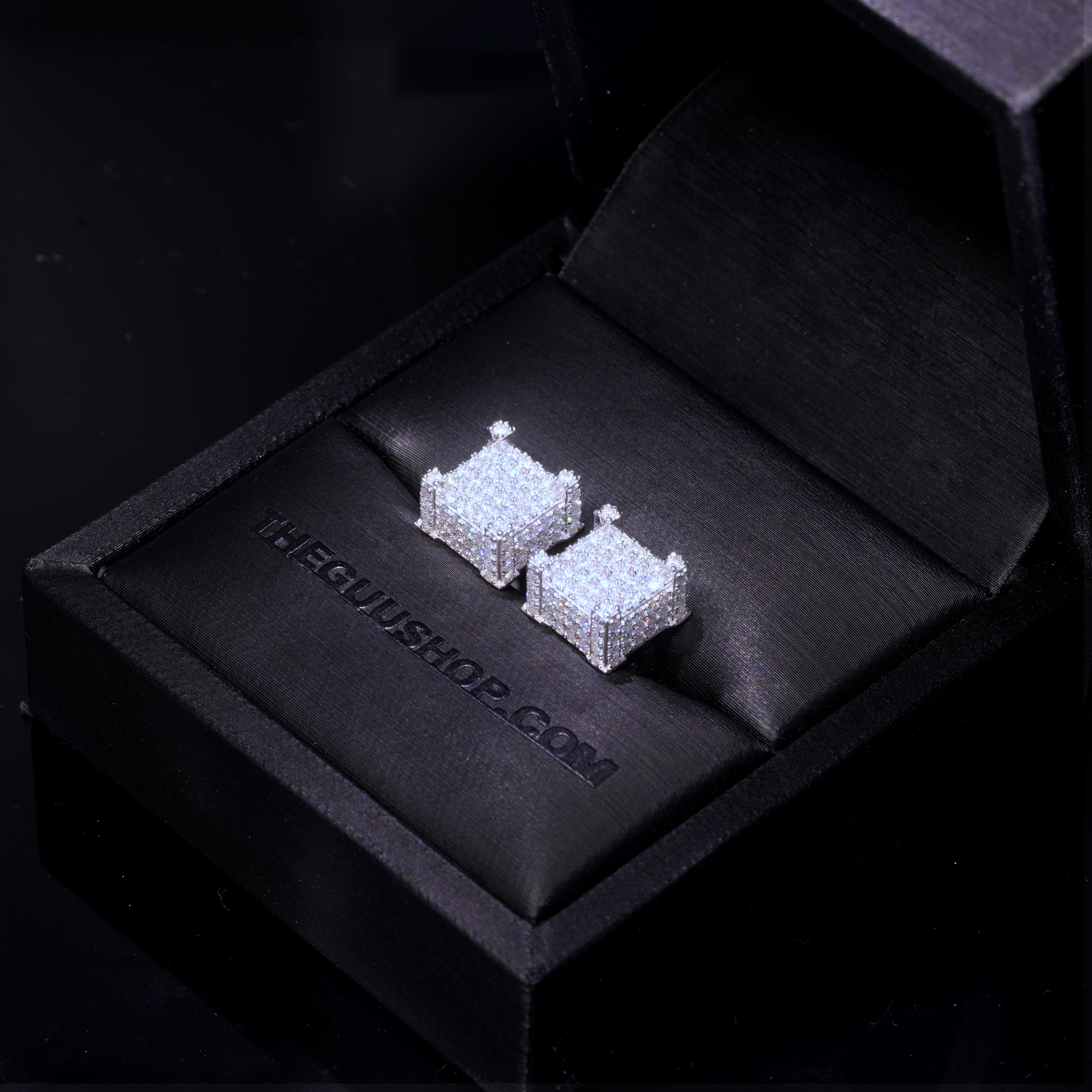 925s VVS Moissanite Iced 3D Cube Earrings In White Gold