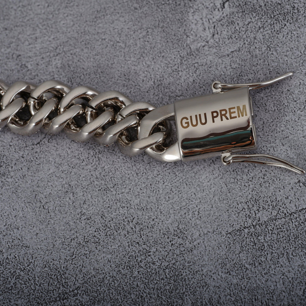 [GUU-PREM] 12MM 18K White Gold-Plated Cuban Link Bracelet