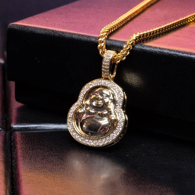 Iced  Gold-Plated & Silver CZ  Maitreya Buddha  Pendant & Cuban Link Chain Hover Image