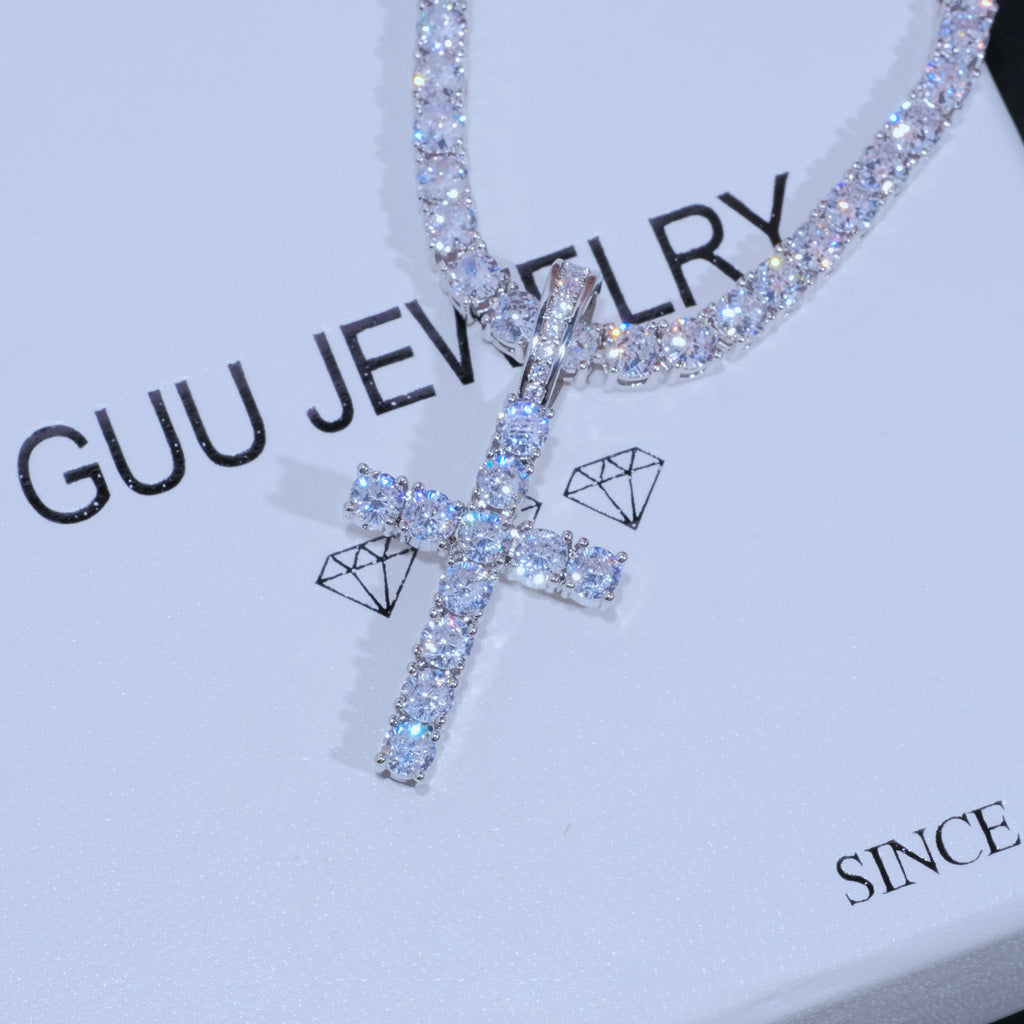 Bundle White Gold Diamond Cross + 4mm Diamond Tennis Chain