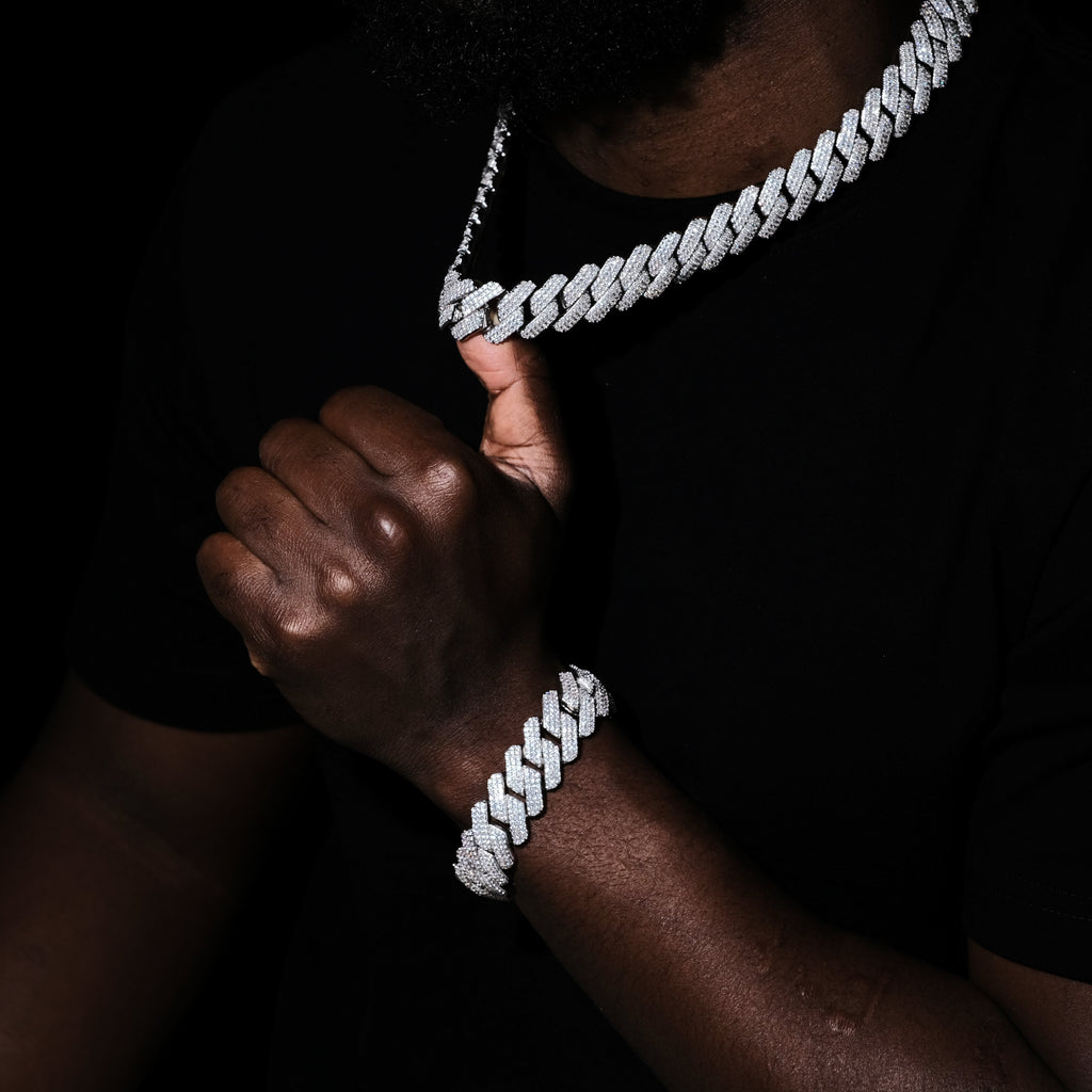 19MM 3Row Prong Cuban Link Necklace + Bracelet Bundle In WhiteGold