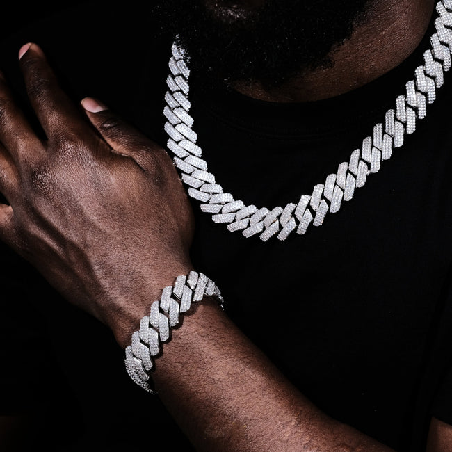 19MM 3Row Prong Cuban Link Necklace + Bracelet Bundle In WhiteGold Hover Image