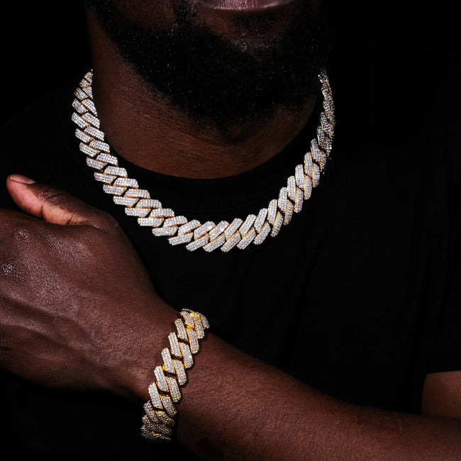 19MM 3Row Prong Cuban Link Necklace + Bracelet Bundle In 18K Gold Hover Image