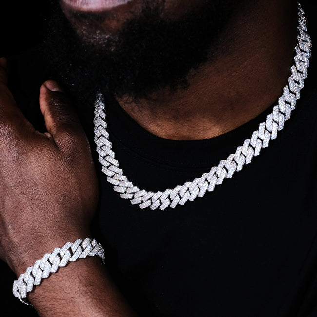 14MM 2Row Prong Cuban Link Necklace + Bracelet Bundle In White Gold Hover Image