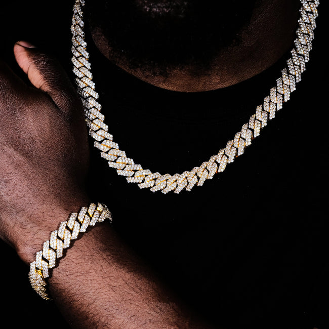 14MM 2Row Prong Cuban Link Necklace + Bracelet Bundle In 18K Gold Hover Image