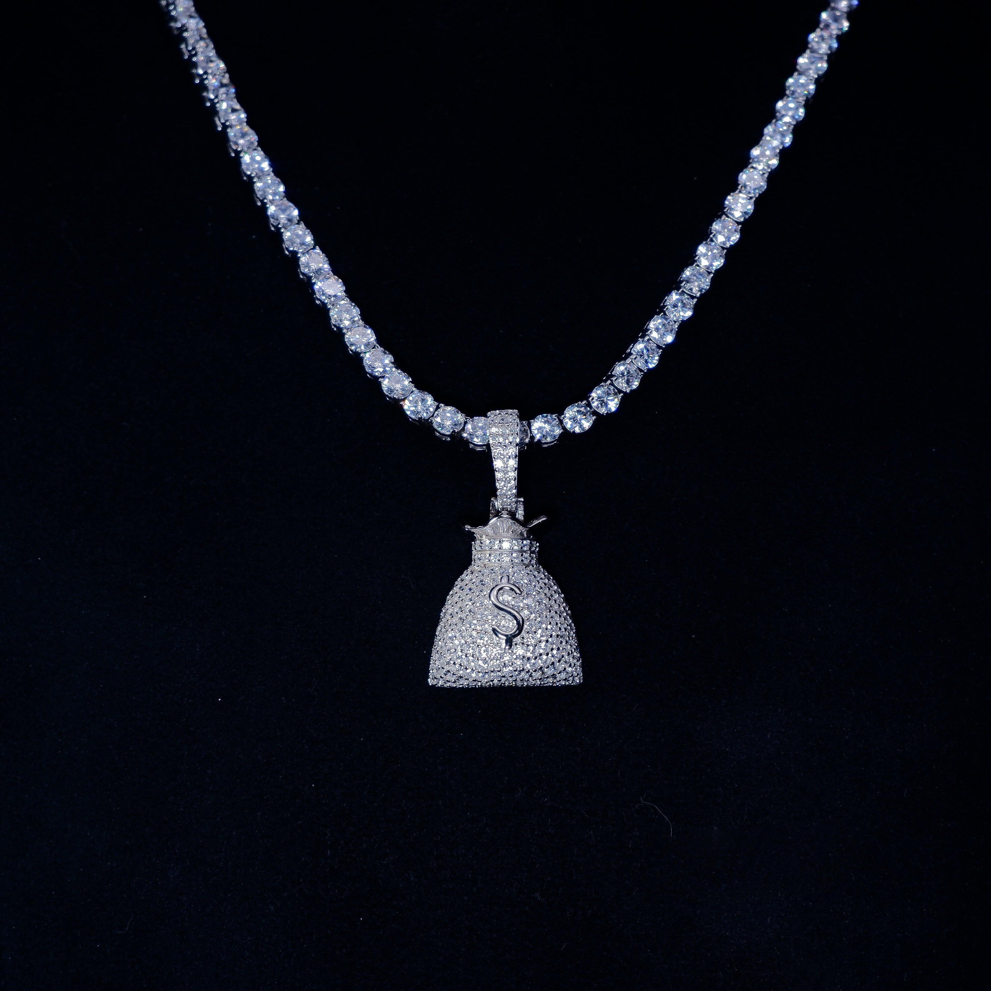 S925 Silver Money purse BlingBling Iced  Pendant In WhiteGold-Plated