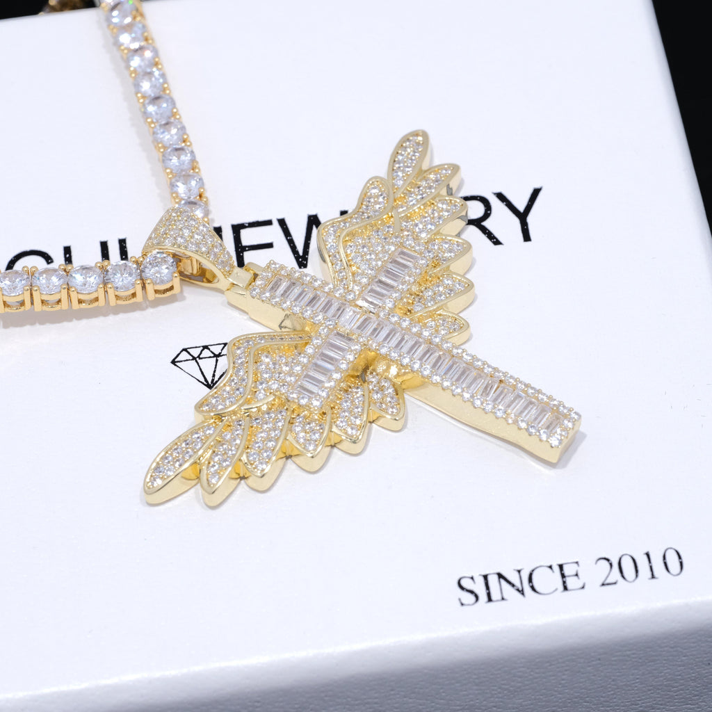 Baguette Iced Cross With Wing Necklace
