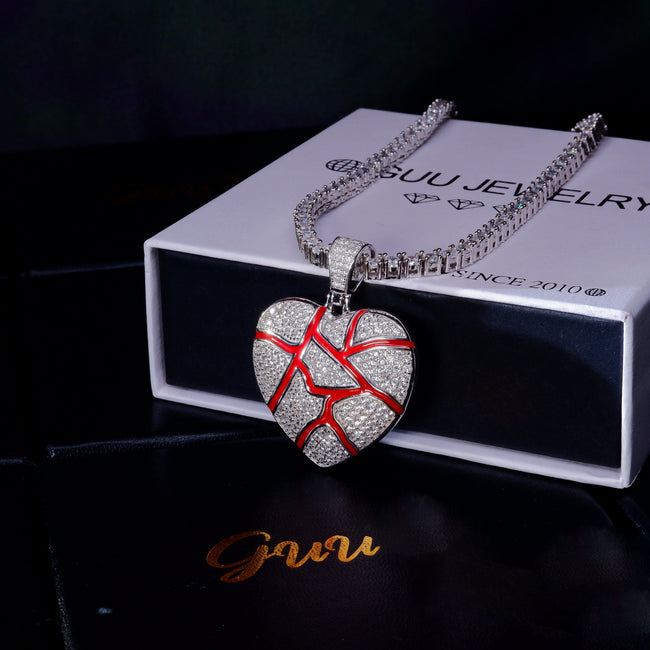 S925 Silver Diamond Cracked heart BlingBling Iced Pendant In WhiteGold-Plated Main Image