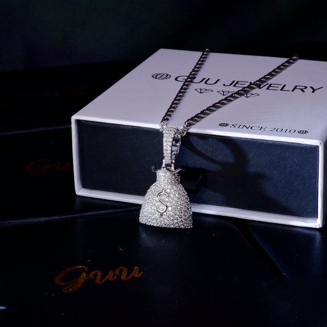 S925 Silver Money purse BlingBling Iced  Pendant In WhiteGold-Plated Hover Image