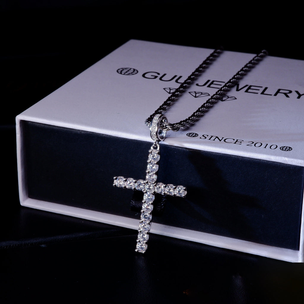 S925 Silver Iced  Round diamond Cross BlingBling Pendant In Gold-Plated