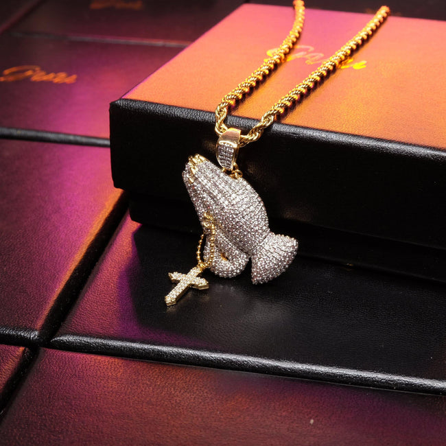 Iced Two-tone Prayer Gesture Cross Hip Hop Pendant Jewelry Hover Image