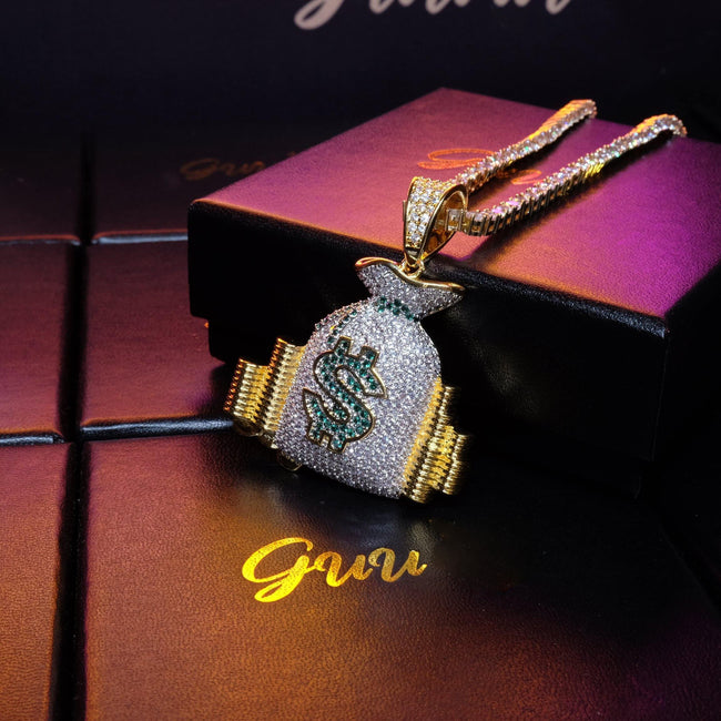 18K Yellow Gold-Plated Micro-inlay AAA CZ Dollar Money Bag Pendant Hover Image