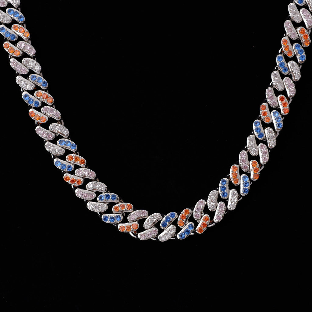 13mm 18K WhiteGold-Plated Colorful Iced Cuban Chain