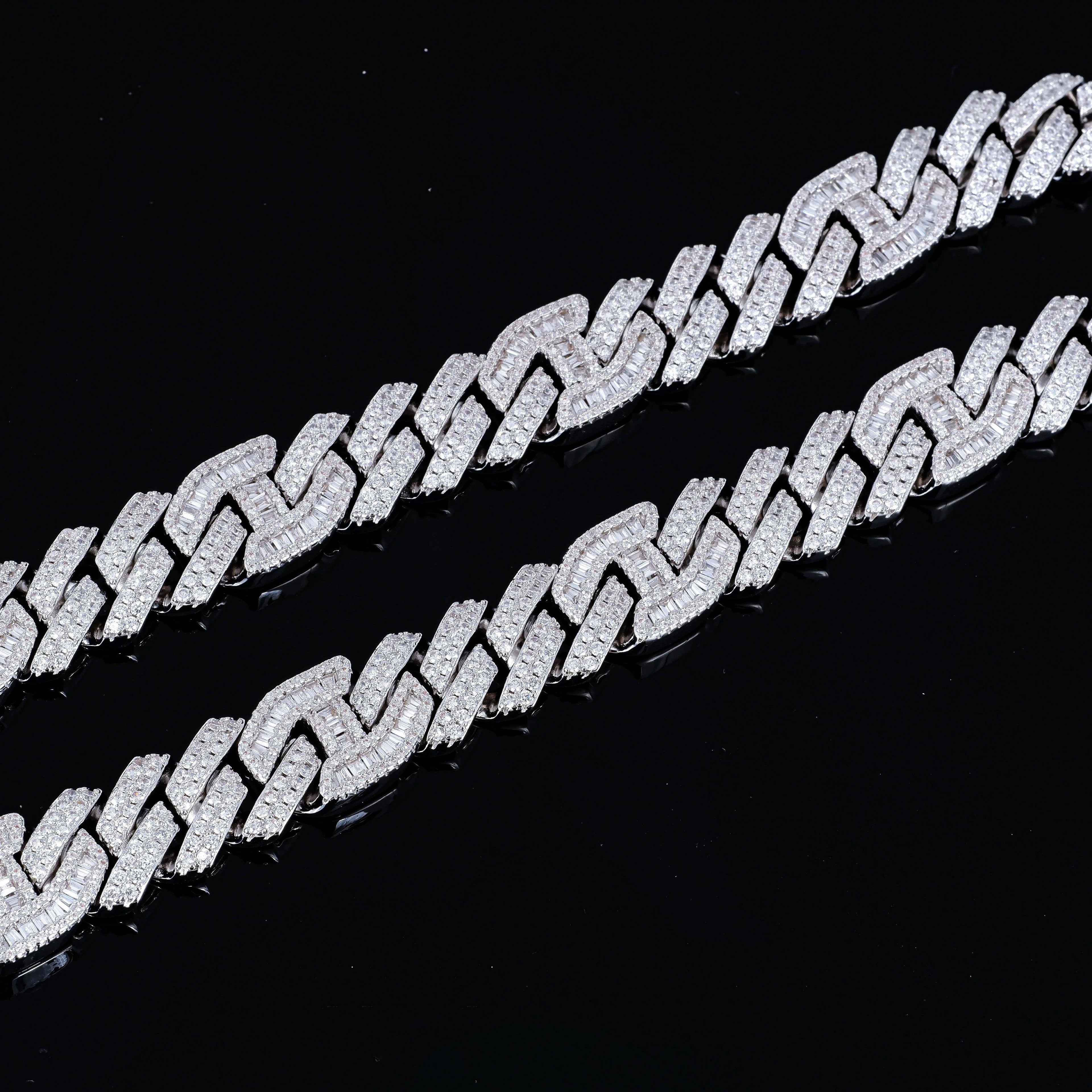 15mm Prong Baguette Curb Chain White Gold