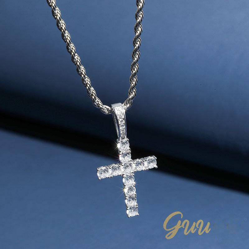 925 Sterling Silver Micro-inlay AAA CZ Cross Hip Hop Necklace