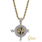 Iced Two-tone 45mm Gold-Plated  CZ  Compass  Pendant $ Cuban Link Chain