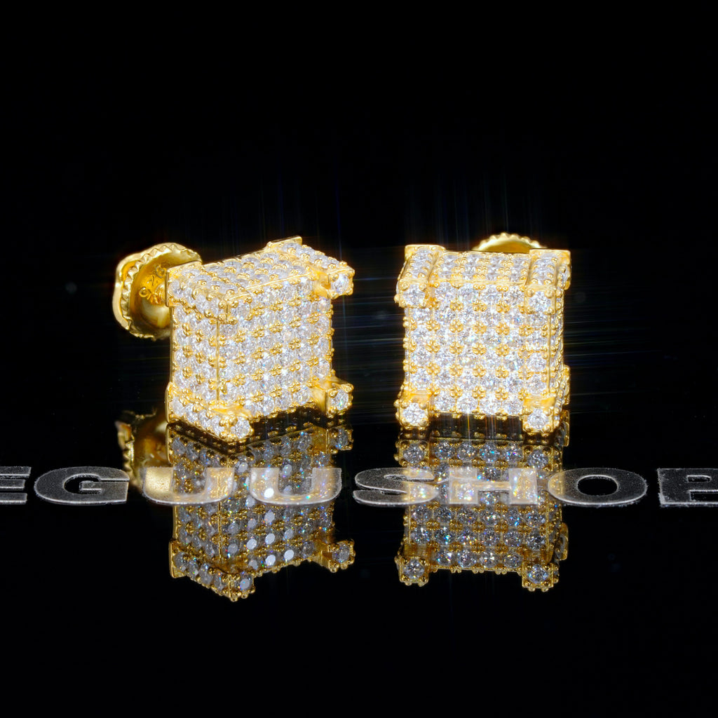 925s VVS Moissanite Iced 3D Cube Earrings In 18K Gold