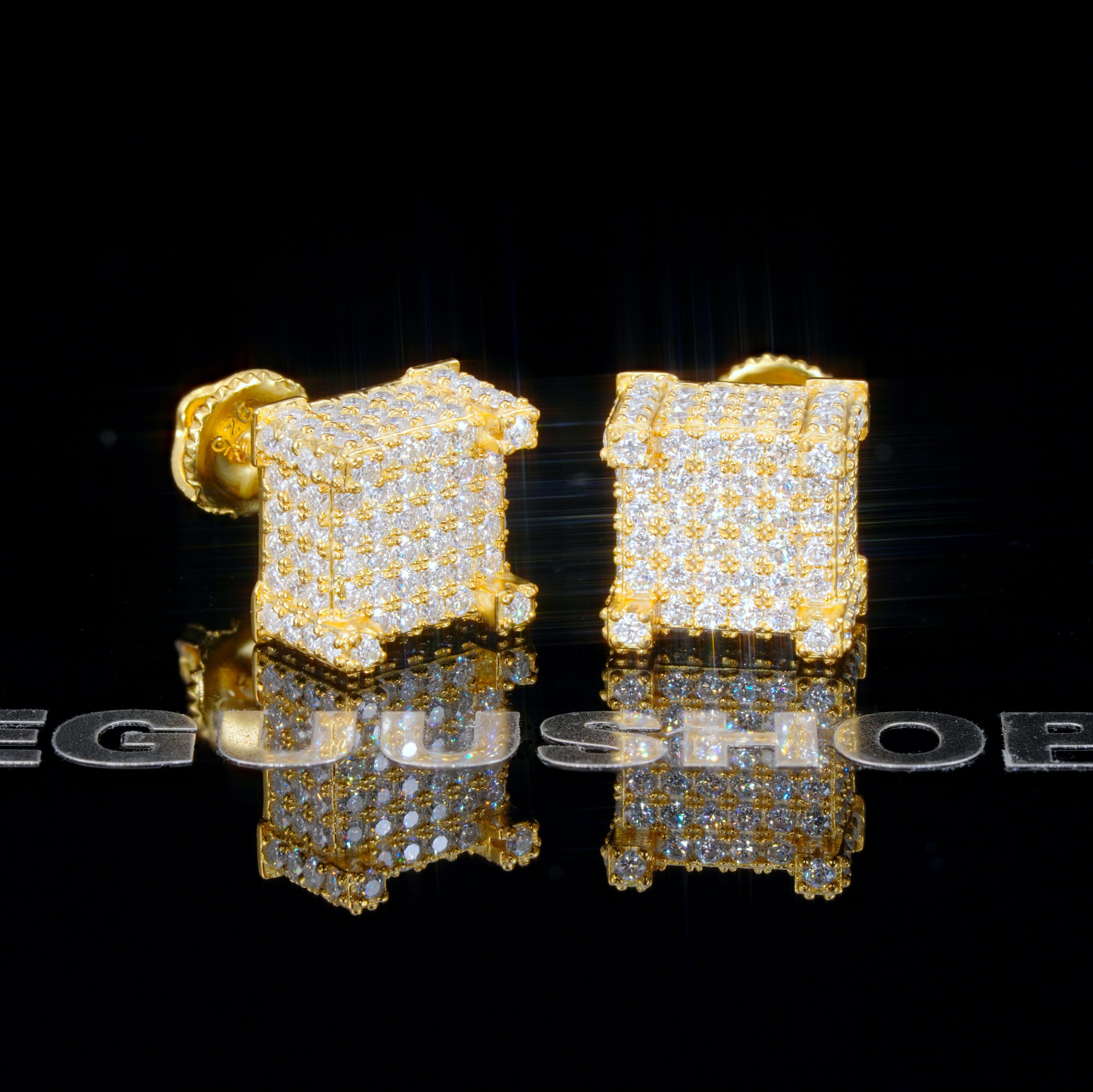 925s VVS Moissanite Iced 3D Cube Earrings In 18K Gold