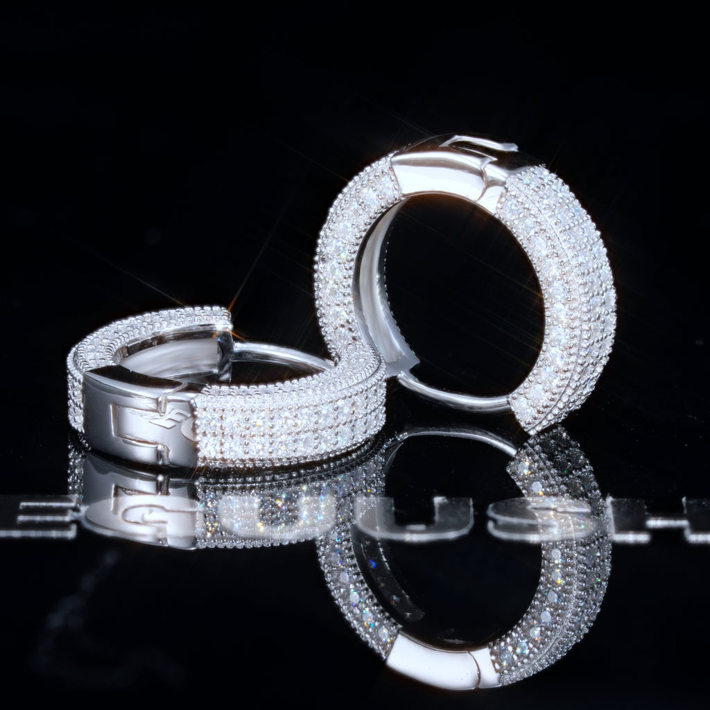 925s VVS1 Moissanite Fully Iced 3D Hoop Earrings In White Gold